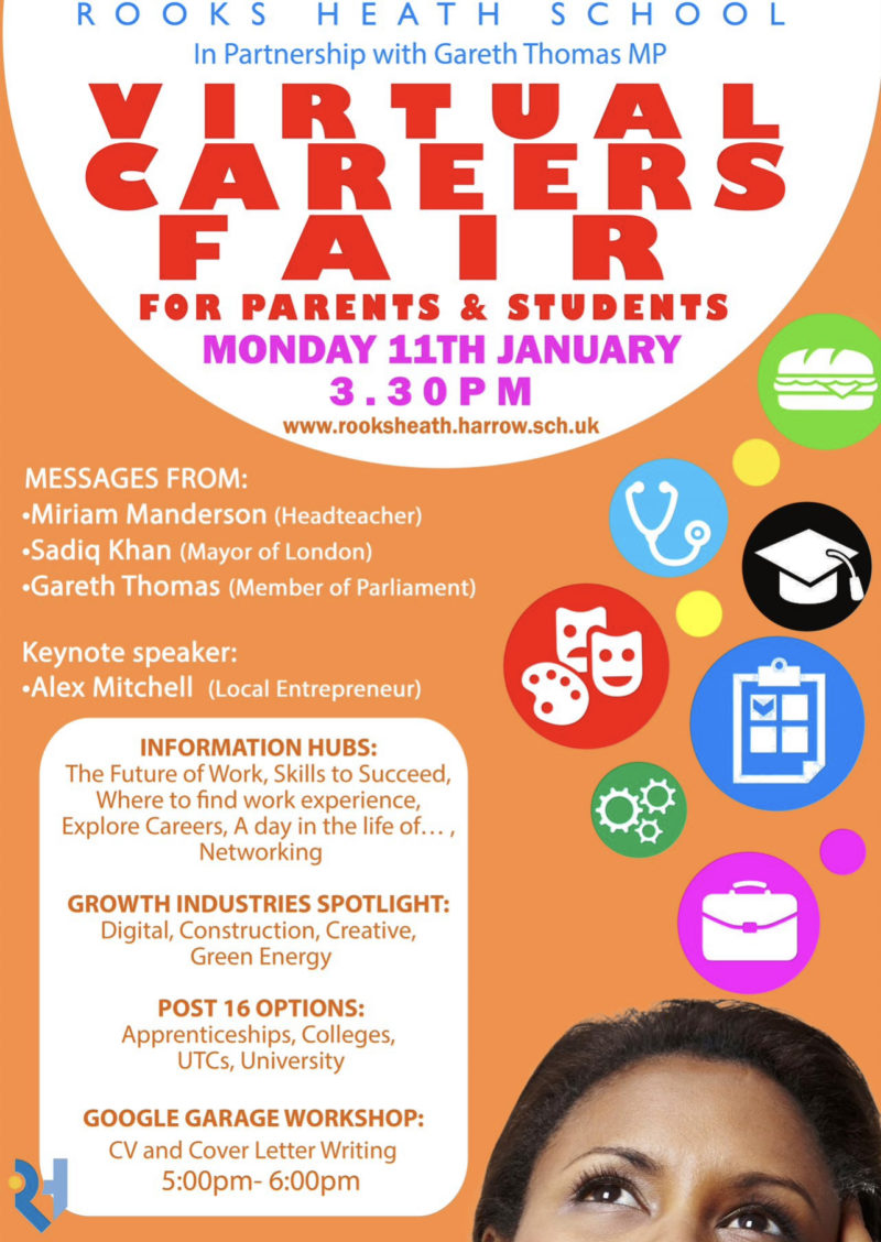 Gareth Thomas MP and Rooks Heath College Virtual Careers Fair Poster