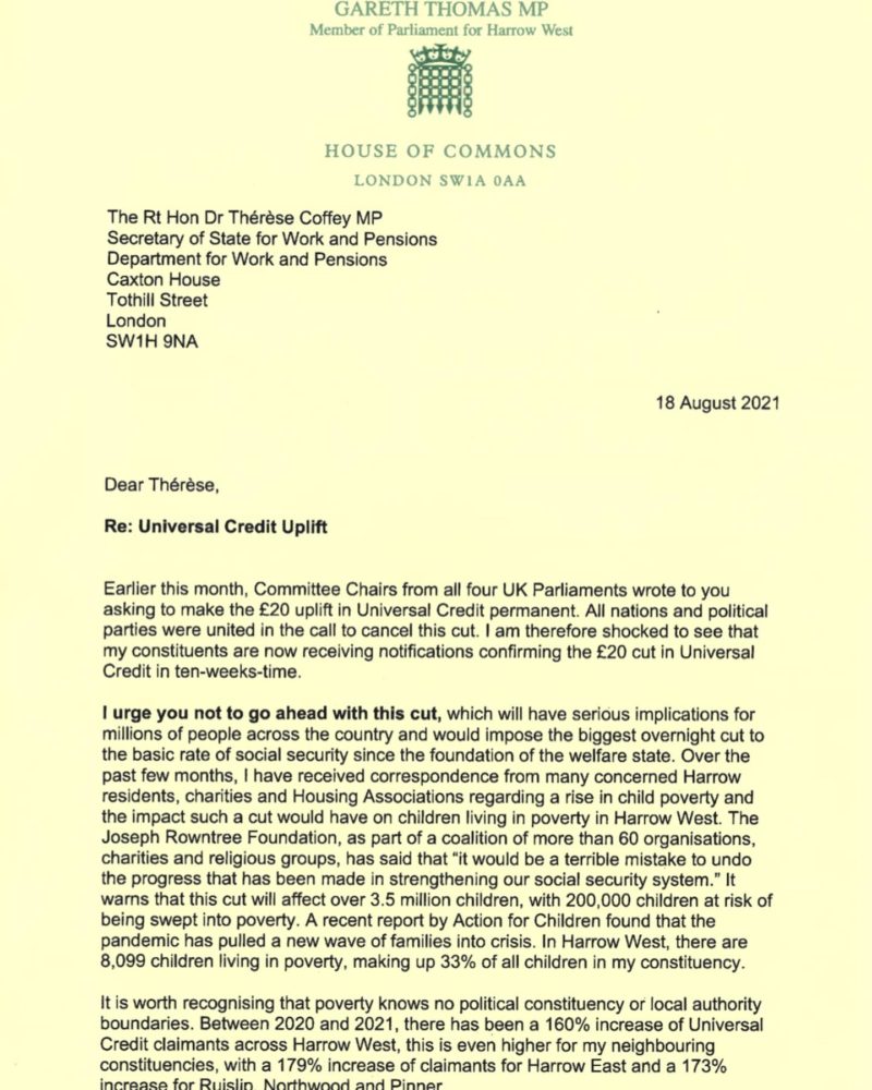 Gareth Thomas letter to SoS for Welfare