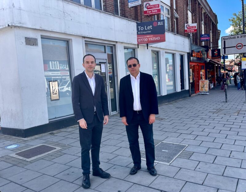 Gareth Thomas MP and James Murray MP outside closed Barclays branch in South Harrow