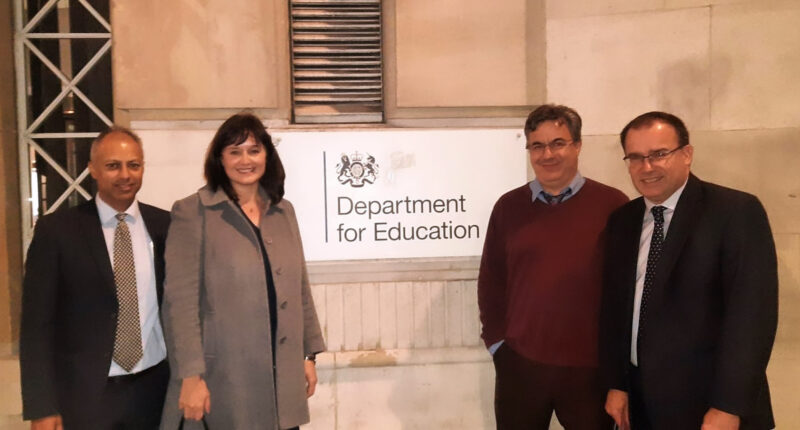 Gareth Thomas MP, with staff from Harrow schools ahead of meeting with the Education Secretary (from left) ⁠Sudhi Pathak, Chief Operating Officer Eden Academy, ⁠Perdy Buchanan-Barrow, Senior Headteacher Eden Academy Trust and Sage Ball, Headteacher Shaftsbury High School.